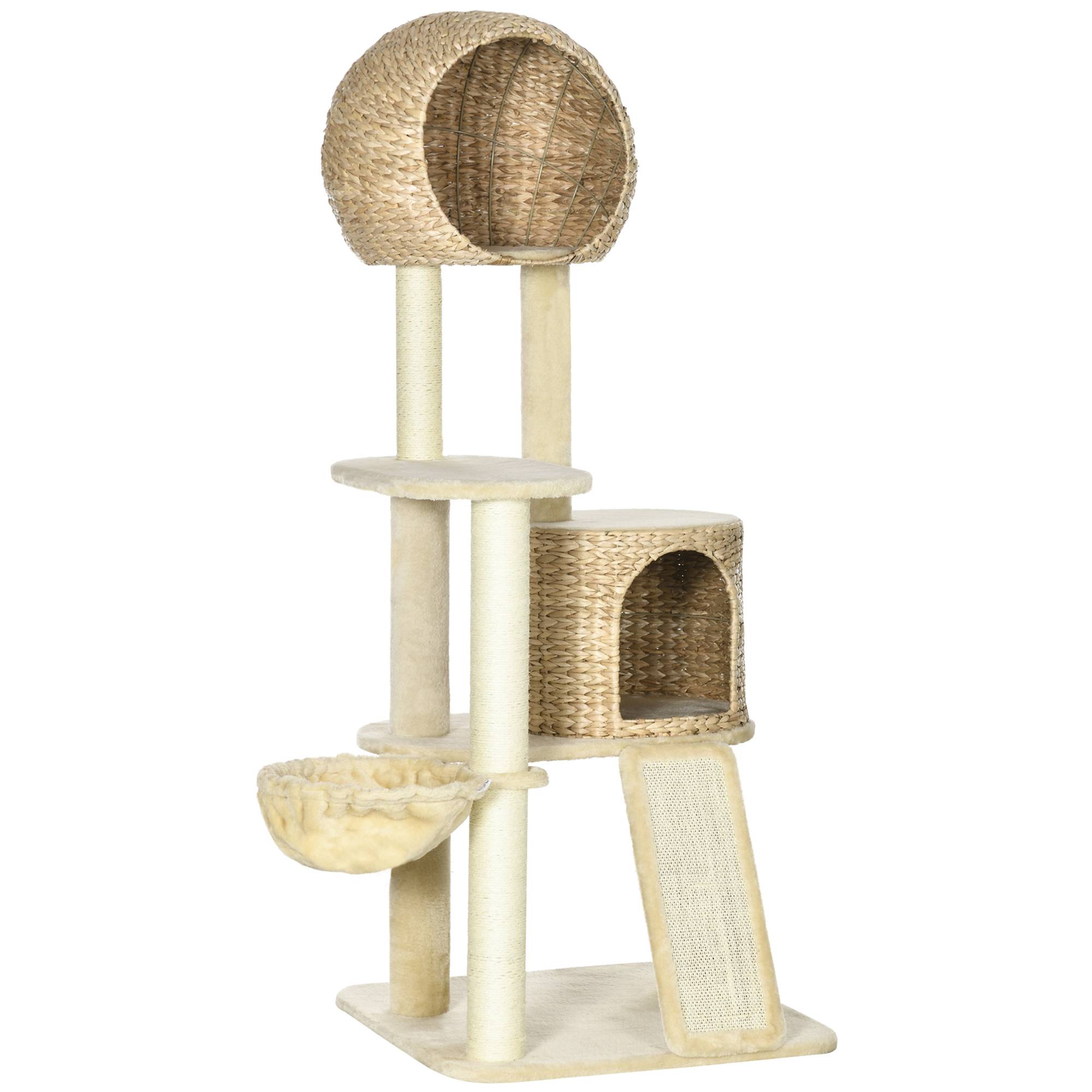 Arbre à chat en rotin avec maison, plusieurs plateformes, hamac rampe anti-basculement beige 60x60x150cm - Image 1
