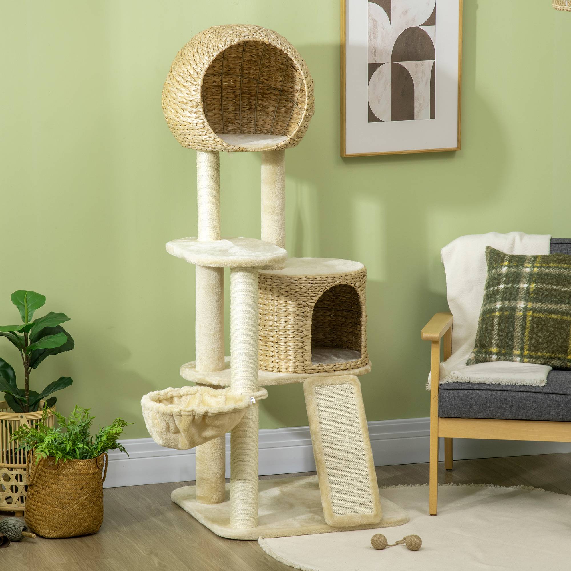 Arbre à chat en rotin avec maison, plusieurs plateformes, hamac rampe anti-basculement beige 60x60x150cm - Image 7