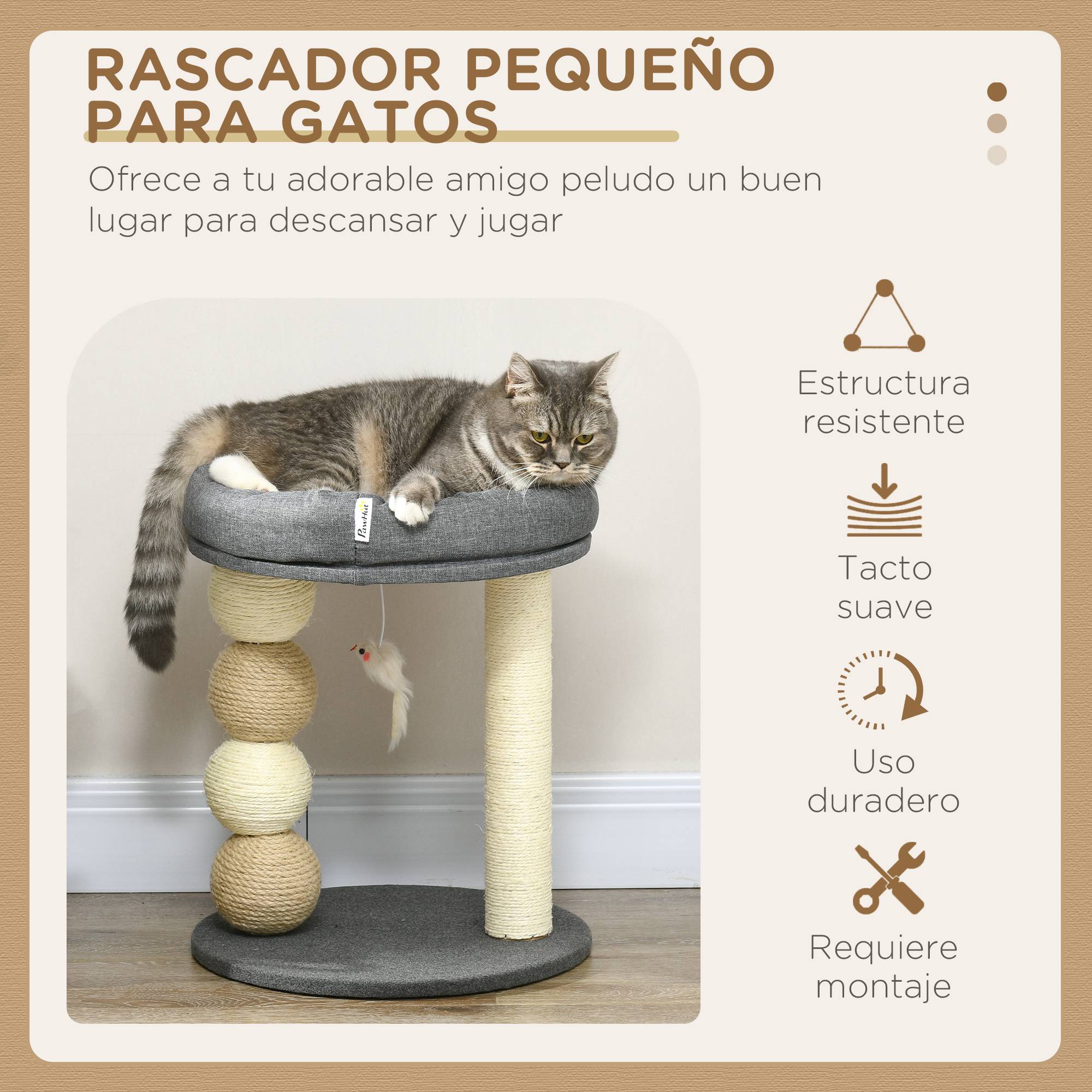 Arbre à Chat Compact en Sisal pour Petit Chat avec Niche et Poteaux à Griffer 48 cm Gris Beige - ComfortXL Outdoor Living - Image 6