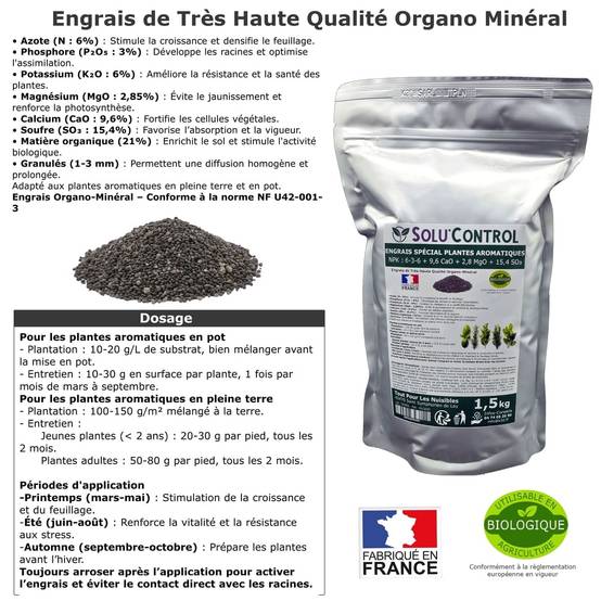 Tout pour les nuisibles - SOLU’CONTROL - 1,5 kg - Engrais Spécial Plantes Aromatiques NPK 6-3-6 - Favorise un feuillage dense - UAB - Image 2