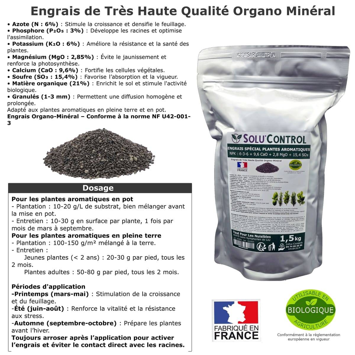 Tout pour les nuisibles - SOLU’CONTROL - 1,5 kg - Engrais Spécial Plantes Aromatiques NPK 6-3-6 - Favorise un feuillage dense - UAB - Image 2