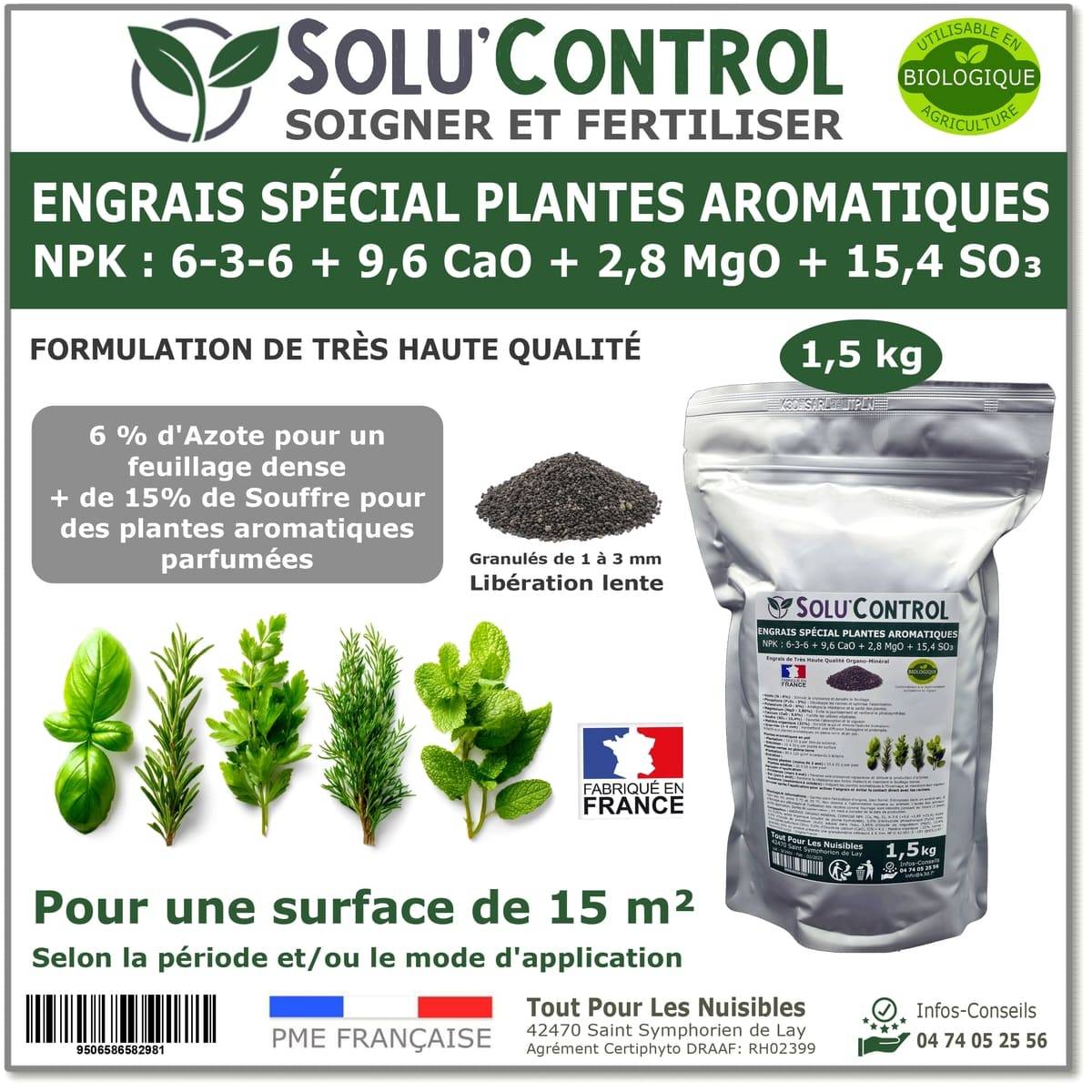 Tout pour les nuisibles - SOLU’CONTROL - 1,5 kg - Engrais Spécial Plantes Aromatiques NPK 6-3-6 - Favorise un feuillage dense - UAB - Image 1