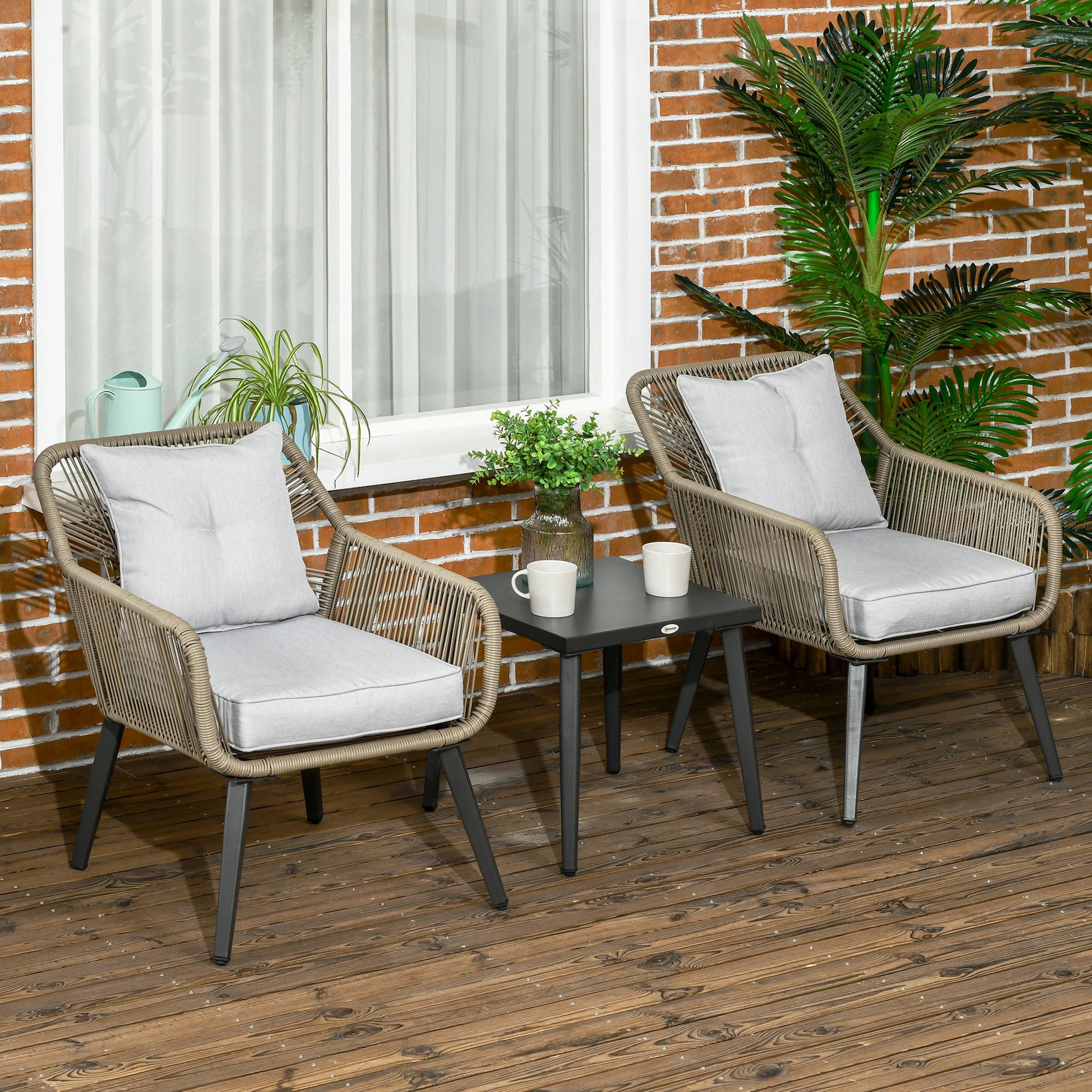 Outsunny - Ensemble bistro de jardin 2 places 3 pièces style contemporain acier époxy noir résine filaire gris clair - Outsunny - Imagen 2