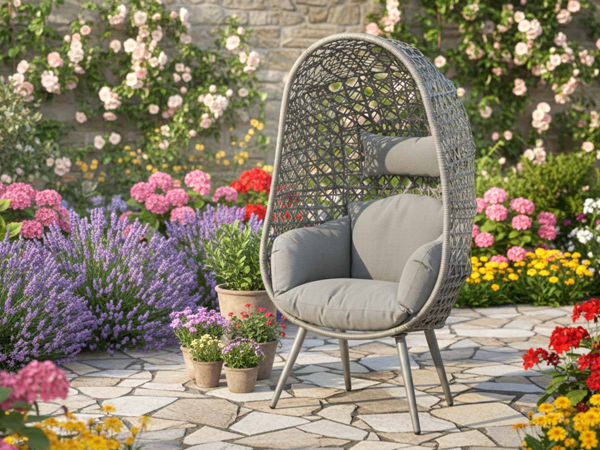 Jardideco - Fauteuil de jardin sur pieds œuf de jardin en résine tressée gris clair Palermo - Jardideco - Imagen 2