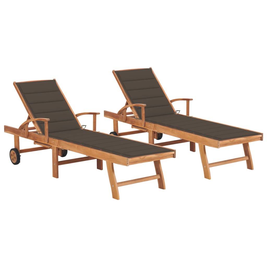 Helloshop26 - Lot de 2 transats chaise longue bain de soleil lit de jardin terrasse meuble d'extérieur avec coussin taupe bois de teck solide - Imagen 1