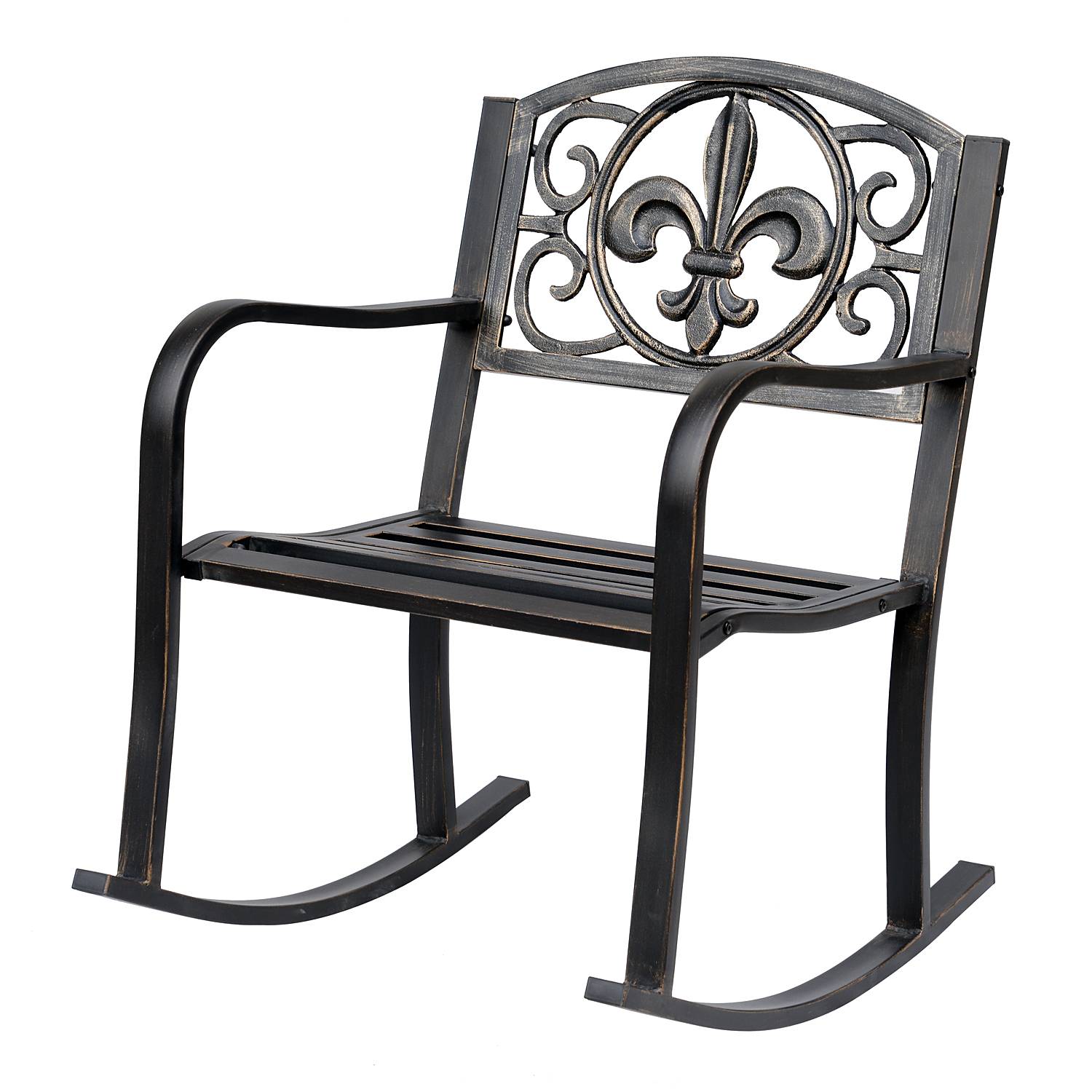 Fauteuil à bascule de jardin style antique en métal Bronze, 60 x 73 x 85 cm, fauteuil de détente extérieur élégant