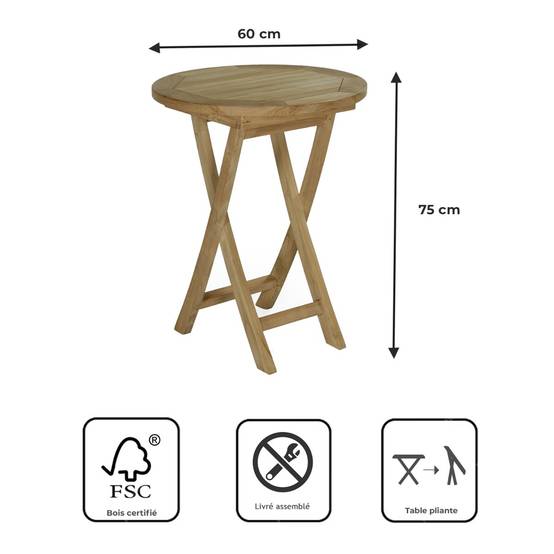 Table pliante ronde en teck massif Bistrot ø 60 cm - TECK'Attitude - Imagen 9