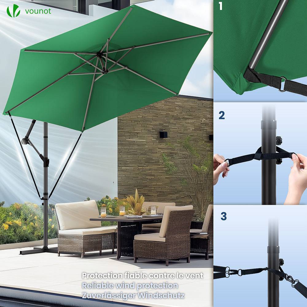 Parasol déporté inclinable 3M avec sangle de fixation et housse de protection Vert - Inclinaison réglable - Rotatif 360° - VOUNOT® - Image 2