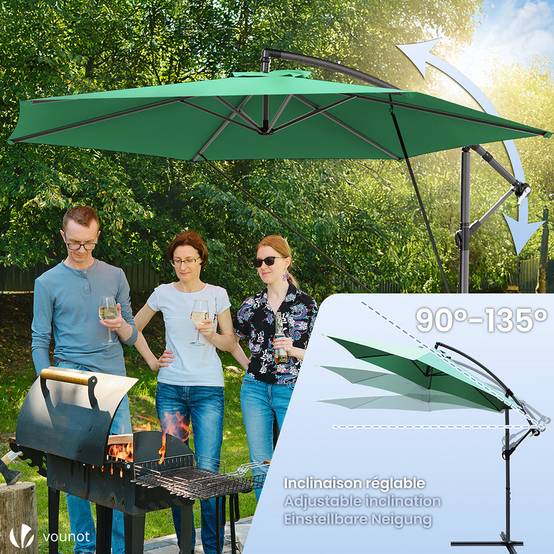 Parasol déporté inclinable 3M avec sangle de fixation et housse de protection Vert - Inclinaison réglable - Rotatif 360° - VOUNOT® - Image 3