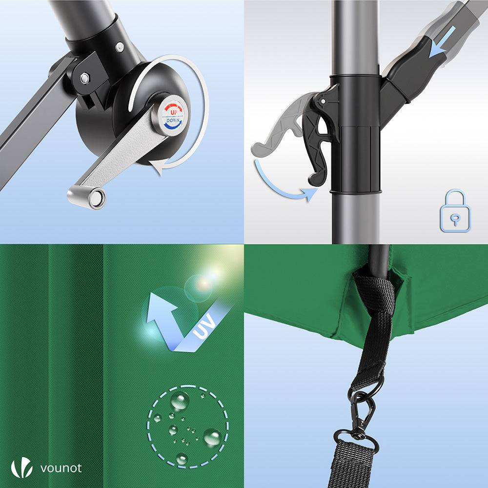 Parasol déporté inclinable 3M avec sangle de fixation et housse de protection Vert - Inclinaison réglable - Rotatif 360° - VOUNOT® - Image 7
