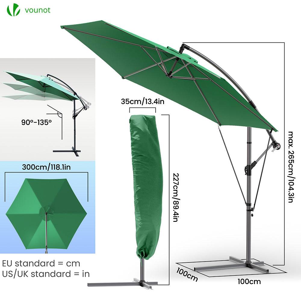 Parasol déporté inclinable 3M avec sangle de fixation et housse de protection Vert - Inclinaison réglable - Rotatif 360° - VOUNOT® - Image 6