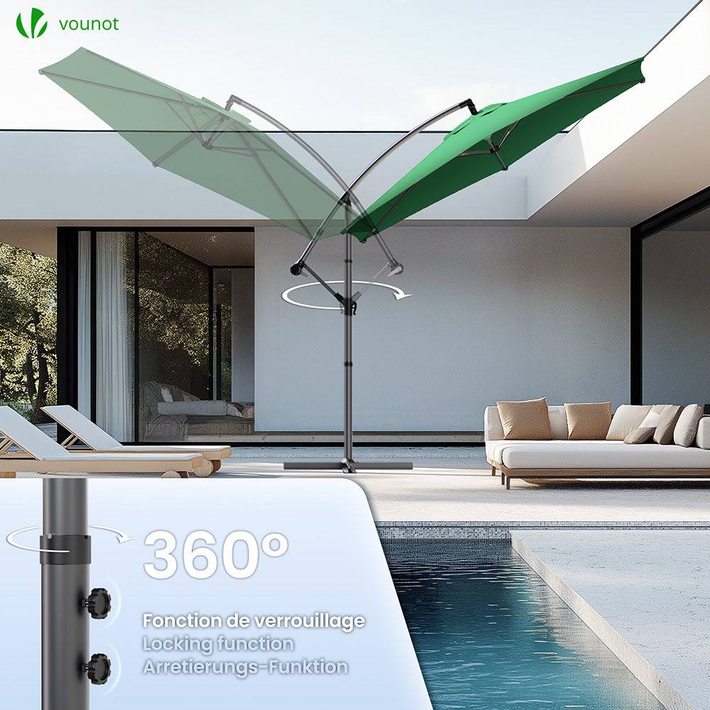 Parasol déporté inclinable 3M avec sangle de fixation et housse de protection Vert - Inclinaison réglable - Rotatif 360° - VOUNOT® - Image 4