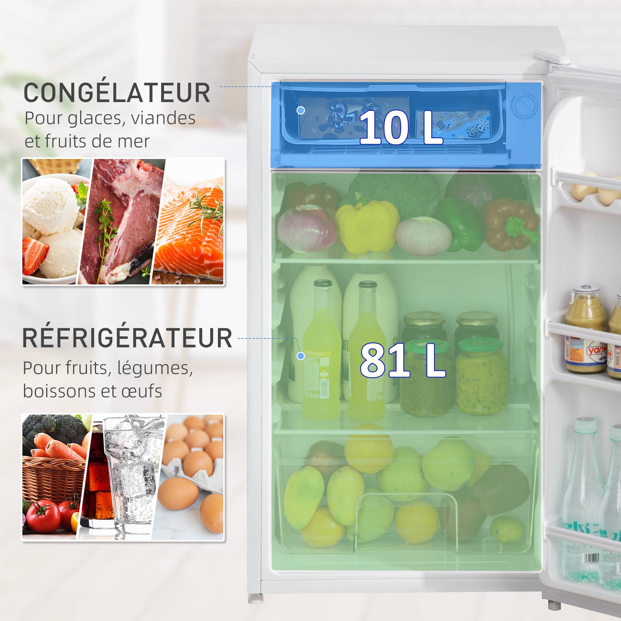 Petit réfrigérateur congélateur 91L étagères modulables sous comptoir, 47,5x44,2x84cm, blanc - Image 7