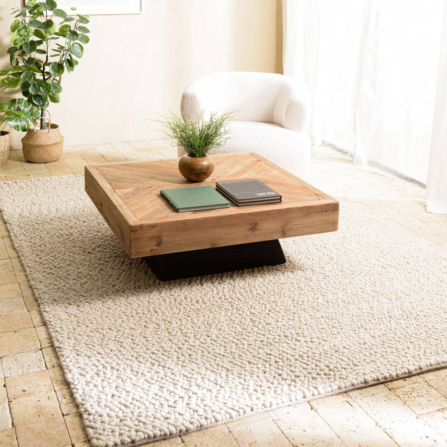 Macabane - QUENTIN - Tapis rectangulaire 160x230cm en laine bouclée couleur beige - Imagen 2