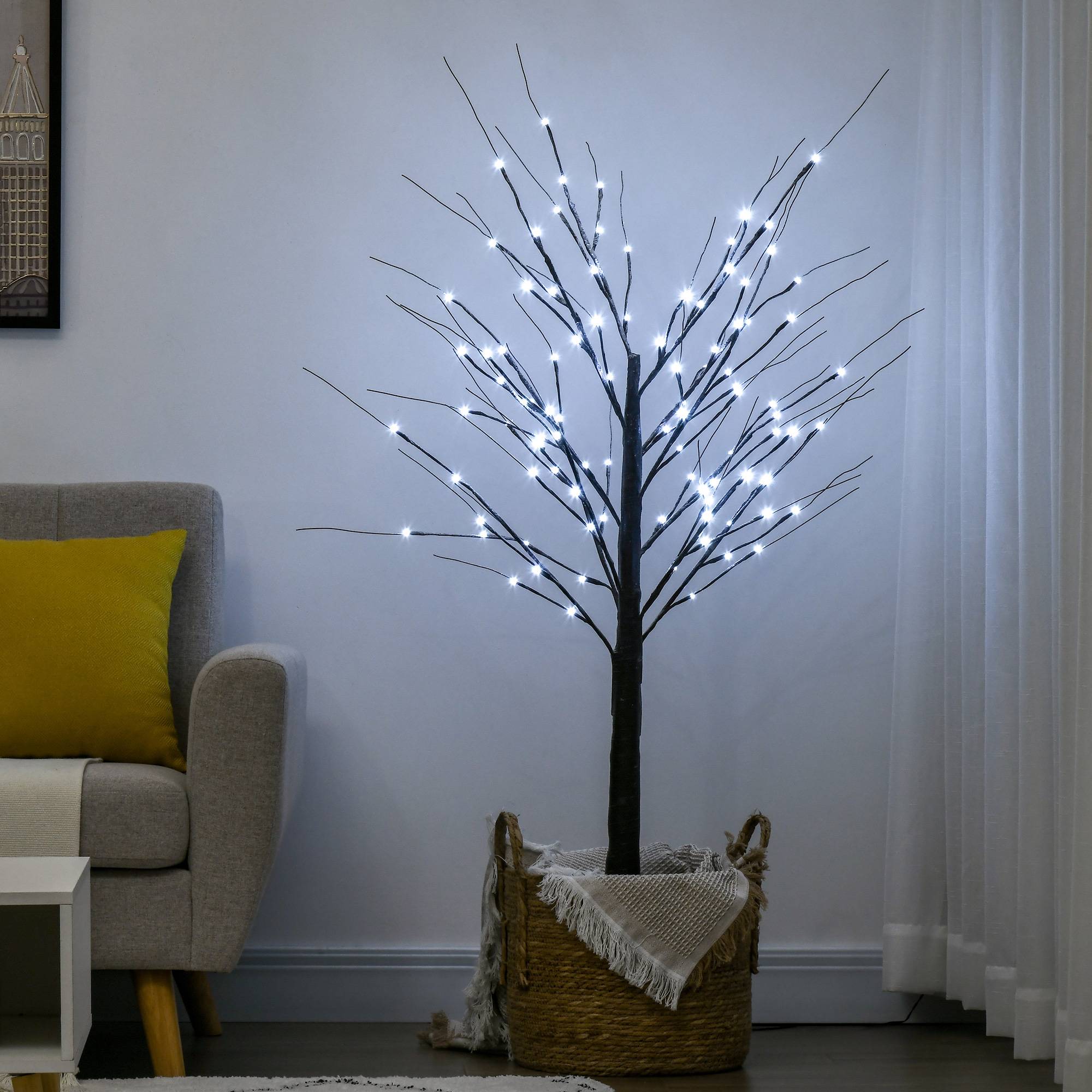 ComfortXL - Bouleau artificiel lumineux plastique et acier 150 cm brun 96 micro-LED blanc froid décoration intérieure IP44