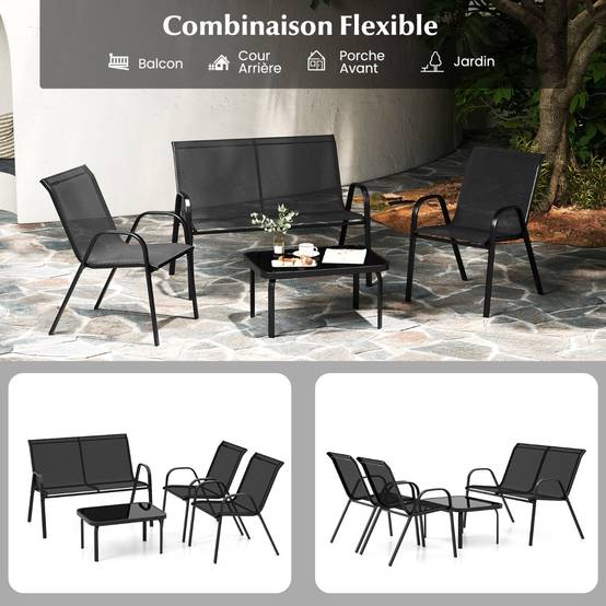 Ensemble Salon de Jardin 4 Pièces 2 Fauteuils 1 Canapé 1 Table Basse en Verre pour Terrasse Piscine Patio Balcon Gris - Image 9