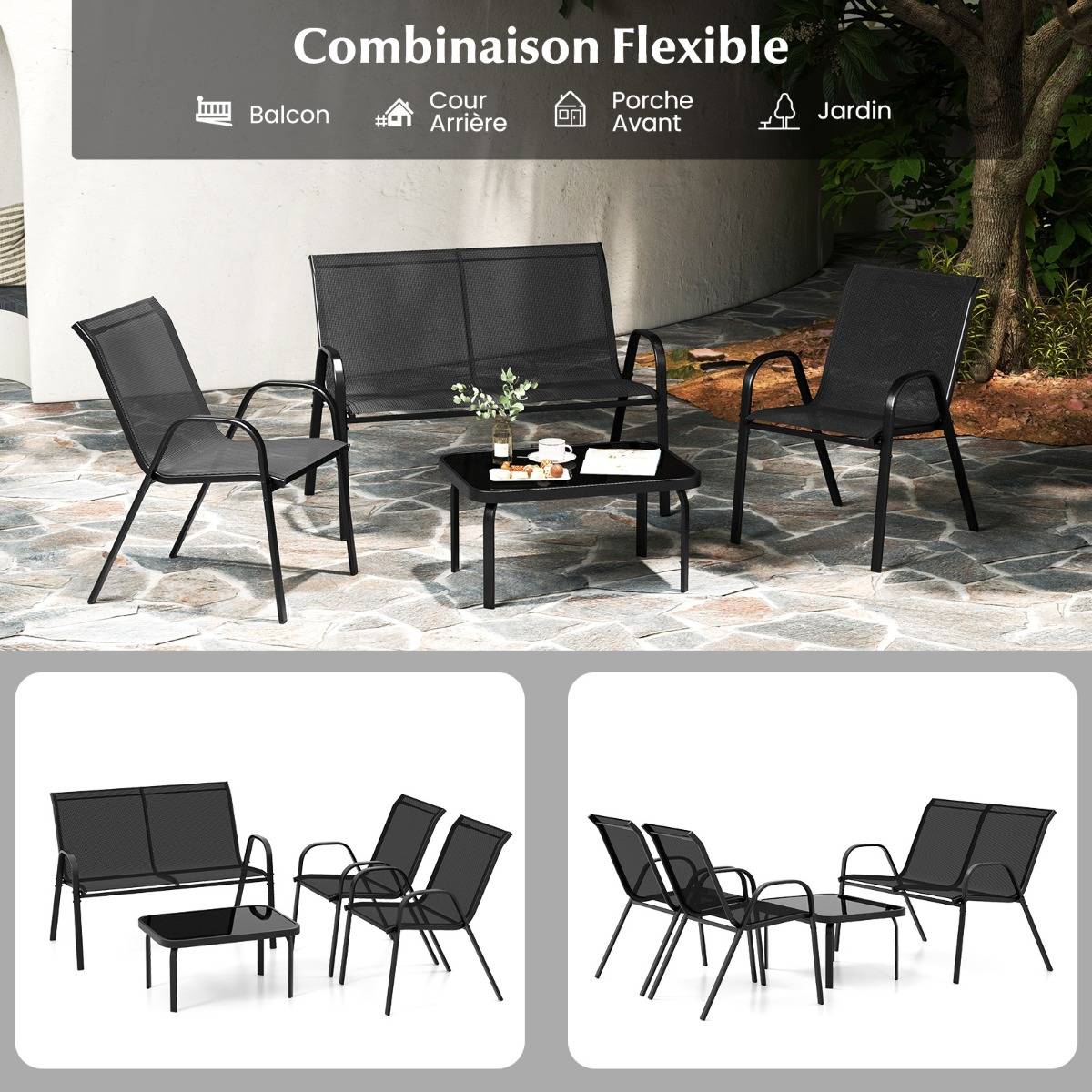 Ensemble Salon de Jardin 4 Pièces 2 Fauteuils 1 Canapé 1 Table Basse en Verre pour Terrasse Piscine Patio Balcon Gris - Image 9