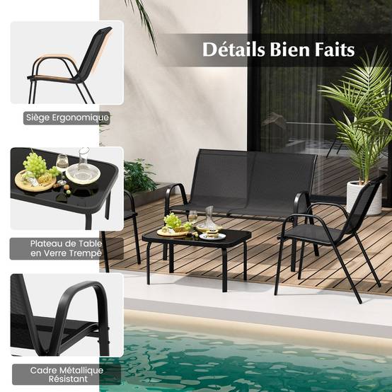 Ensemble Salon de Jardin 4 Pièces 2 Fauteuils 1 Canapé 1 Table Basse en Verre pour Terrasse Piscine Patio Balcon Gris - Image 6