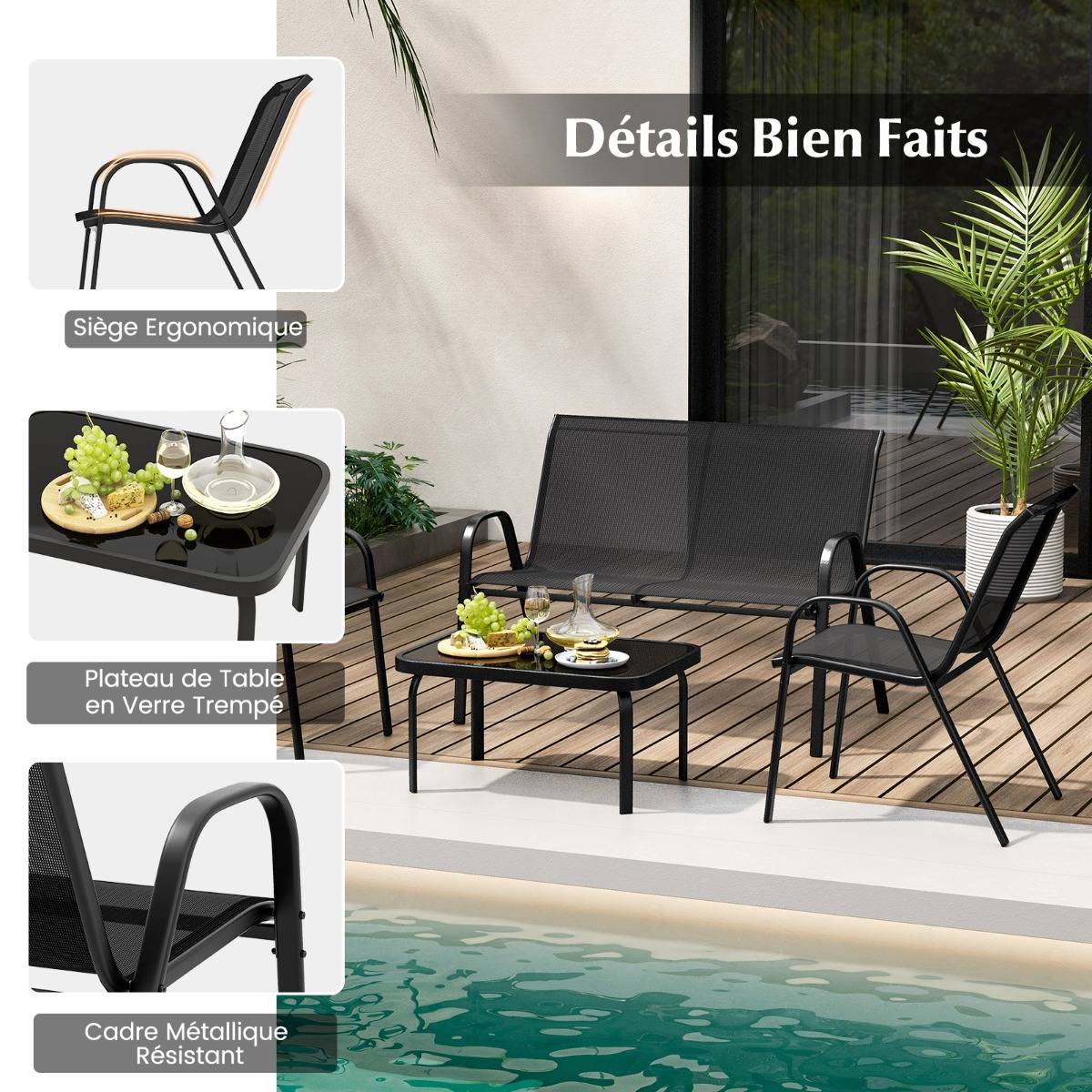 Ensemble Salon de Jardin 4 Pièces 2 Fauteuils 1 Canapé 1 Table Basse en Verre pour Terrasse Piscine Patio Balcon Gris - Image 6