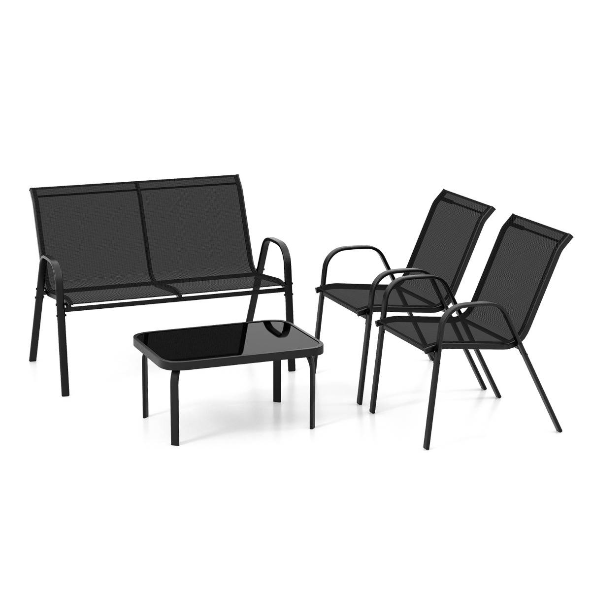 Ensemble Salon de Jardin 4 Pièces 2 Fauteuils 1 Canapé 1 Table Basse en Verre pour Terrasse Piscine Patio Balcon Gris