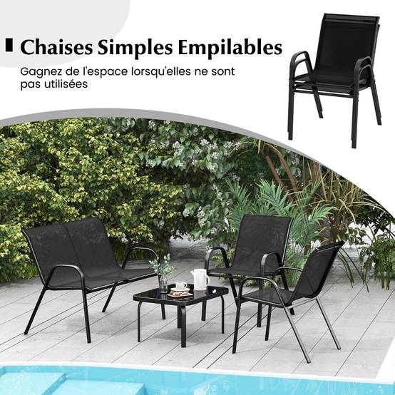 Ensemble Salon de Jardin 4 Pièces 2 Fauteuils 1 Canapé 1 Table Basse en Verre pour Terrasse Piscine Patio Balcon Gris - Image 8