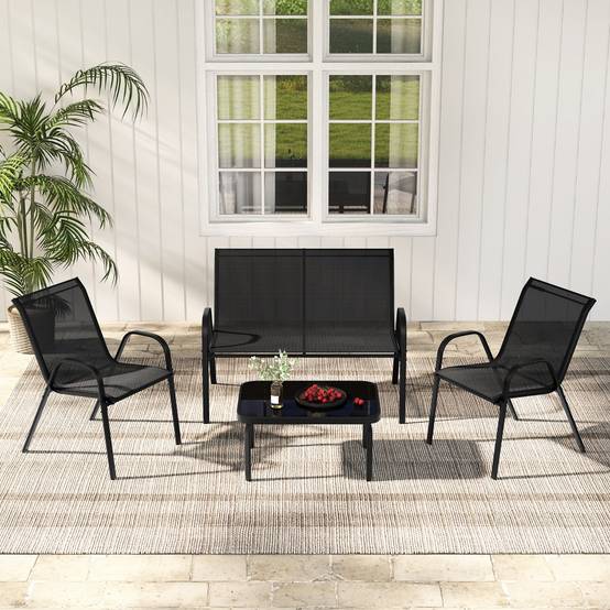 Ensemble Salon de Jardin 4 Pièces 2 Fauteuils 1 Canapé 1 Table Basse en Verre pour Terrasse Piscine Patio Balcon Gris - Image 3