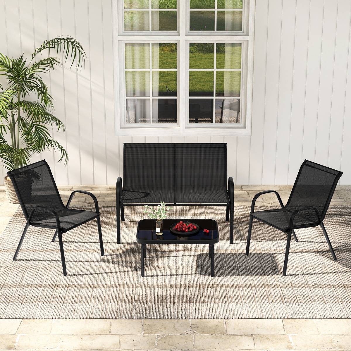 Ensemble Salon de Jardin 4 Pièces 2 Fauteuils 1 Canapé 1 Table Basse en Verre pour Terrasse Piscine Patio Balcon Gris - Image 3