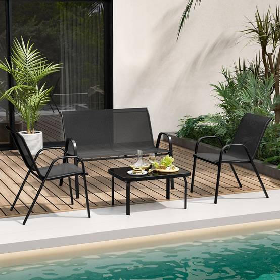 Ensemble Salon de Jardin 4 Pièces 2 Fauteuils 1 Canapé 1 Table Basse en Verre pour Terrasse Piscine Patio Balcon Gris - Image 2