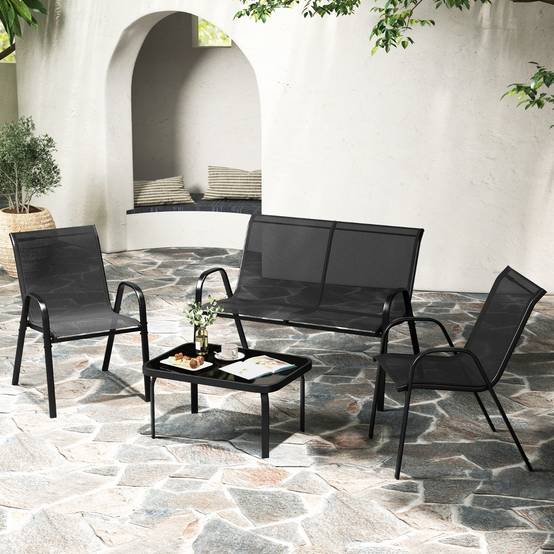 Ensemble Salon de Jardin 4 Pièces 2 Fauteuils 1 Canapé 1 Table Basse en Verre pour Terrasse Piscine Patio Balcon Gris - Image 4