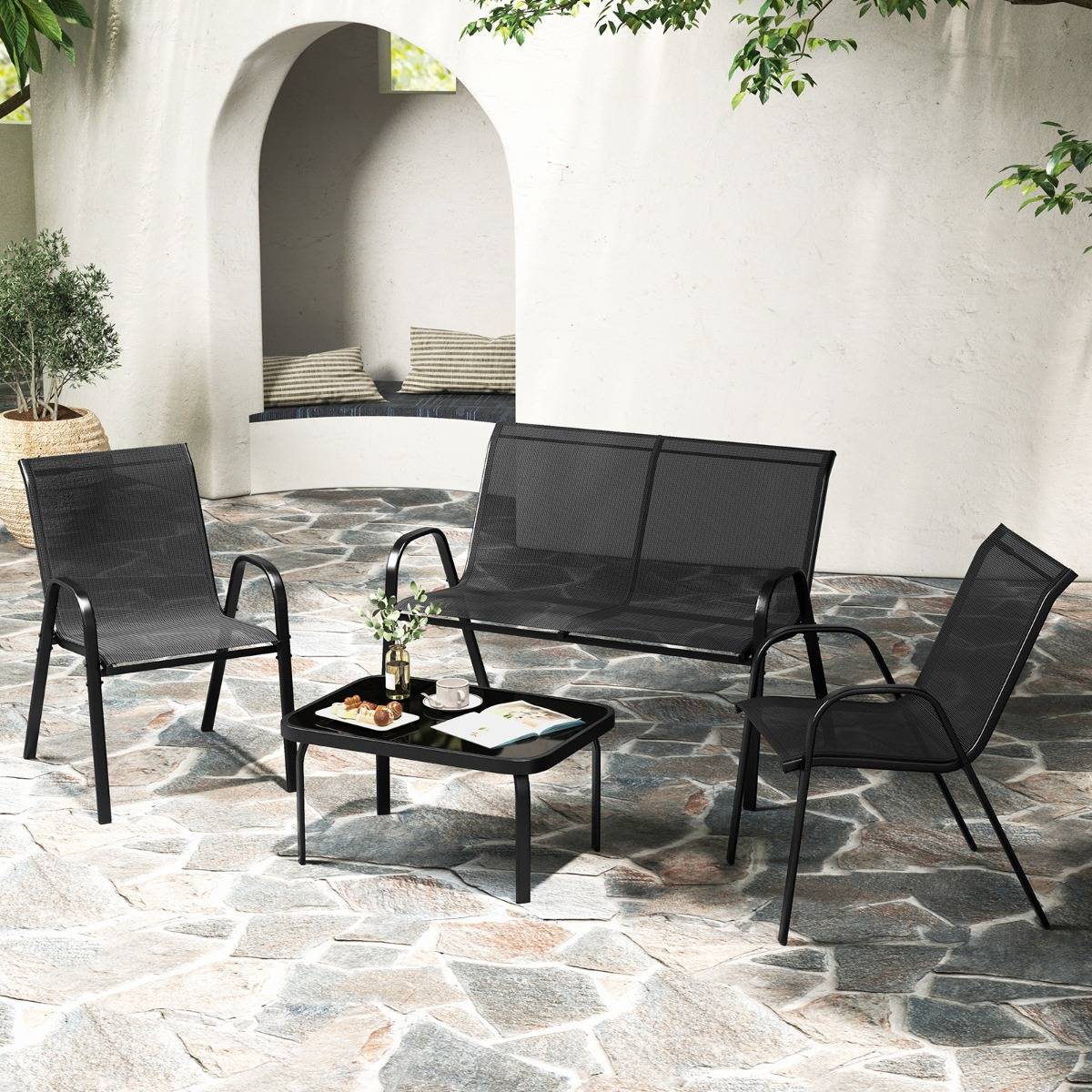 Ensemble Salon de Jardin 4 Pièces 2 Fauteuils 1 Canapé 1 Table Basse en Verre pour Terrasse Piscine Patio Balcon Gris - Image 4