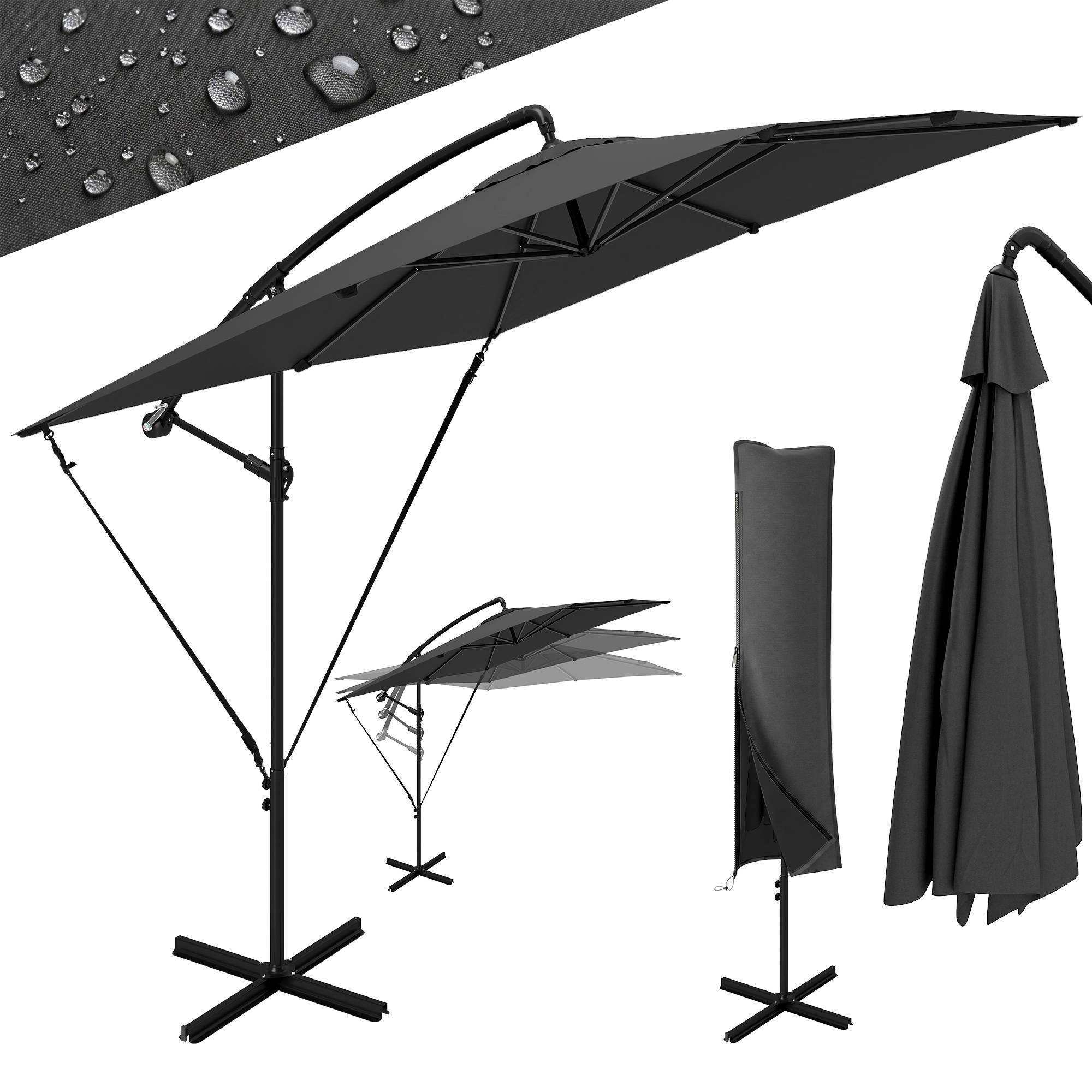 Parasol déporté réglable avec base en croix et manivelle, en acier et polyester, 247 x 247 x 256 cm, gris foncé
