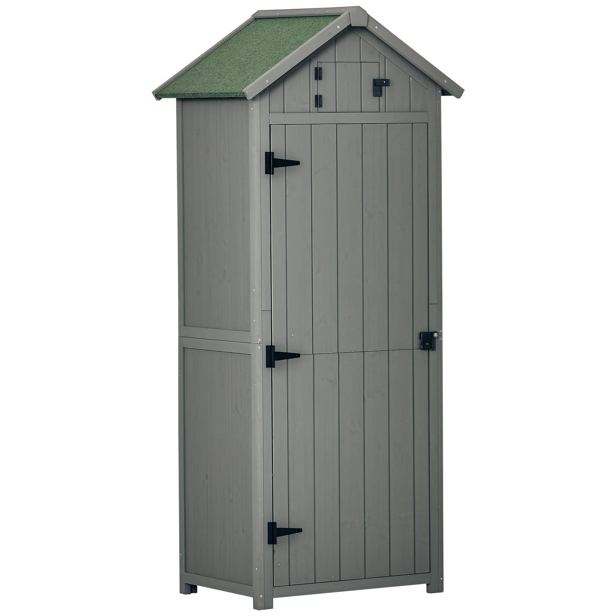 Abri de jardin Outsunny, en bois, avec 3 étagères, 2 portes à loquet, toit en pente bitumé, rangement extérieur, 77 x 54 x 179 cm, sapin traité, gris. - Image 1