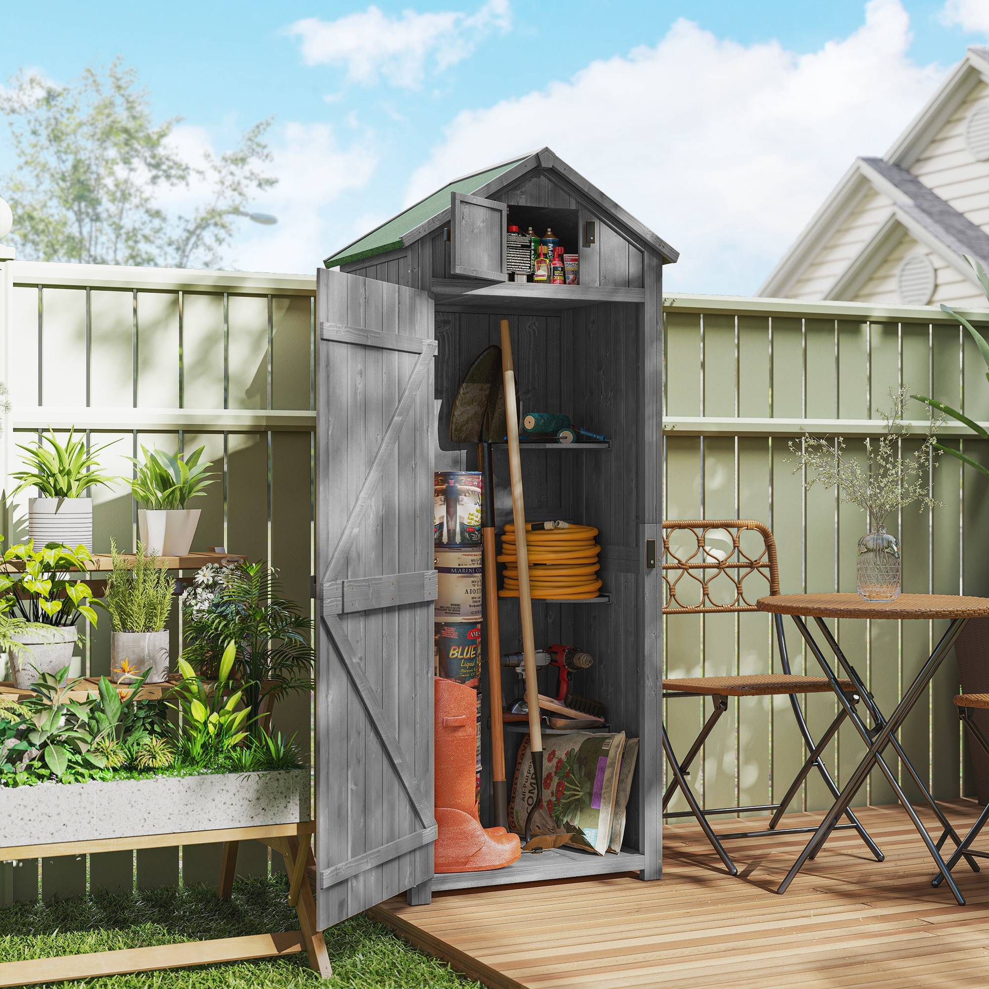 Abri de jardin Outsunny, en bois, avec 3 étagères, 2 portes à loquet, toit en pente bitumé, rangement extérieur, 77 x 54 x 179 cm, sapin traité, gris. - Image 3