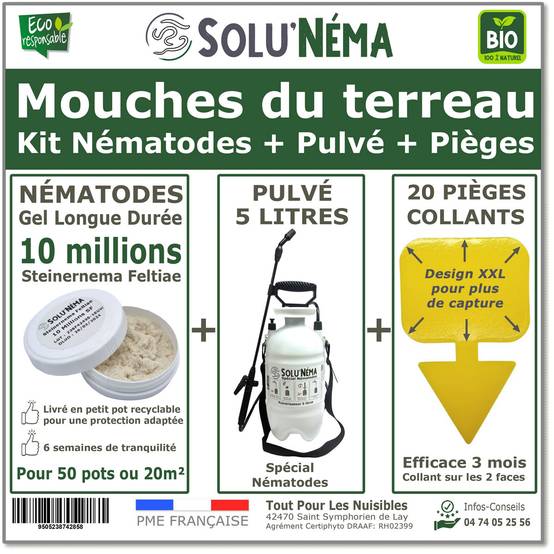 Solu'Néma - Kit Anti-Mouche Terreau-10 Millions Nématodes SF + pulvé 5L+20 Pièges collants XXL - Image 1