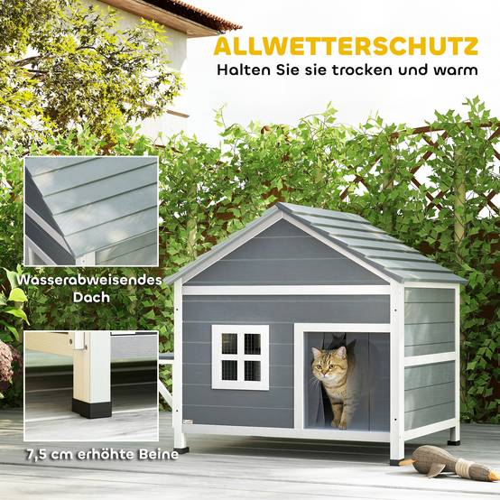 Sans Marque - Niche pour chat en bois, niche à deux étages avec toit à charnières étanche, plateforme latérale, 101 x 72,5 x 81 cm, grise - Image 6