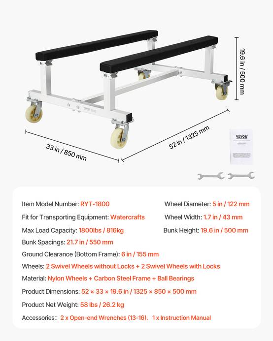 VEVOR Chariot de rangement pour support de jet ski remorque 816 kg 4 roulettes - Image 7