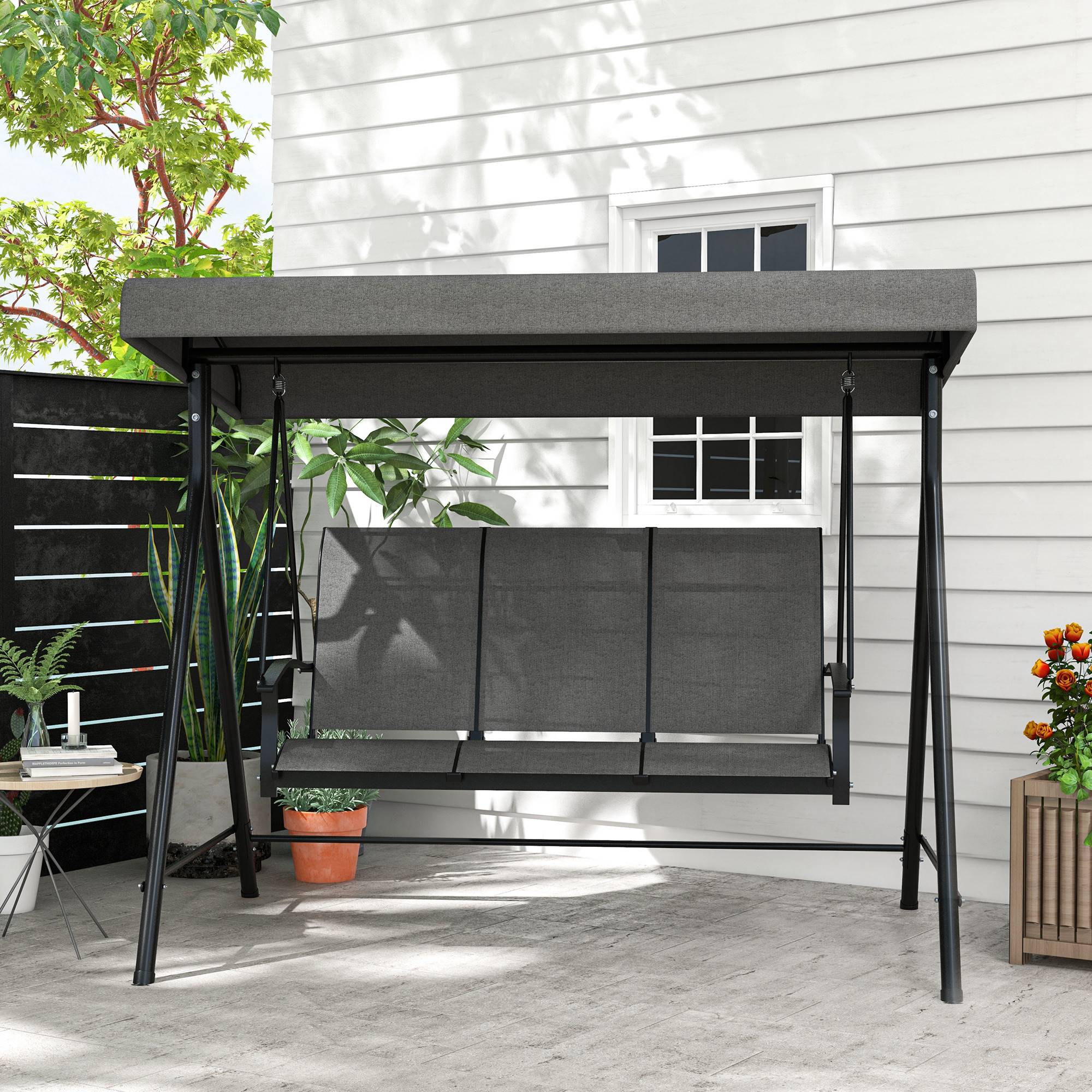 Balancelle de jardin 3 places acier extérieur toit inclinable tissu 200x133cm gris - ComfortXL Outdoor Living - Image 3