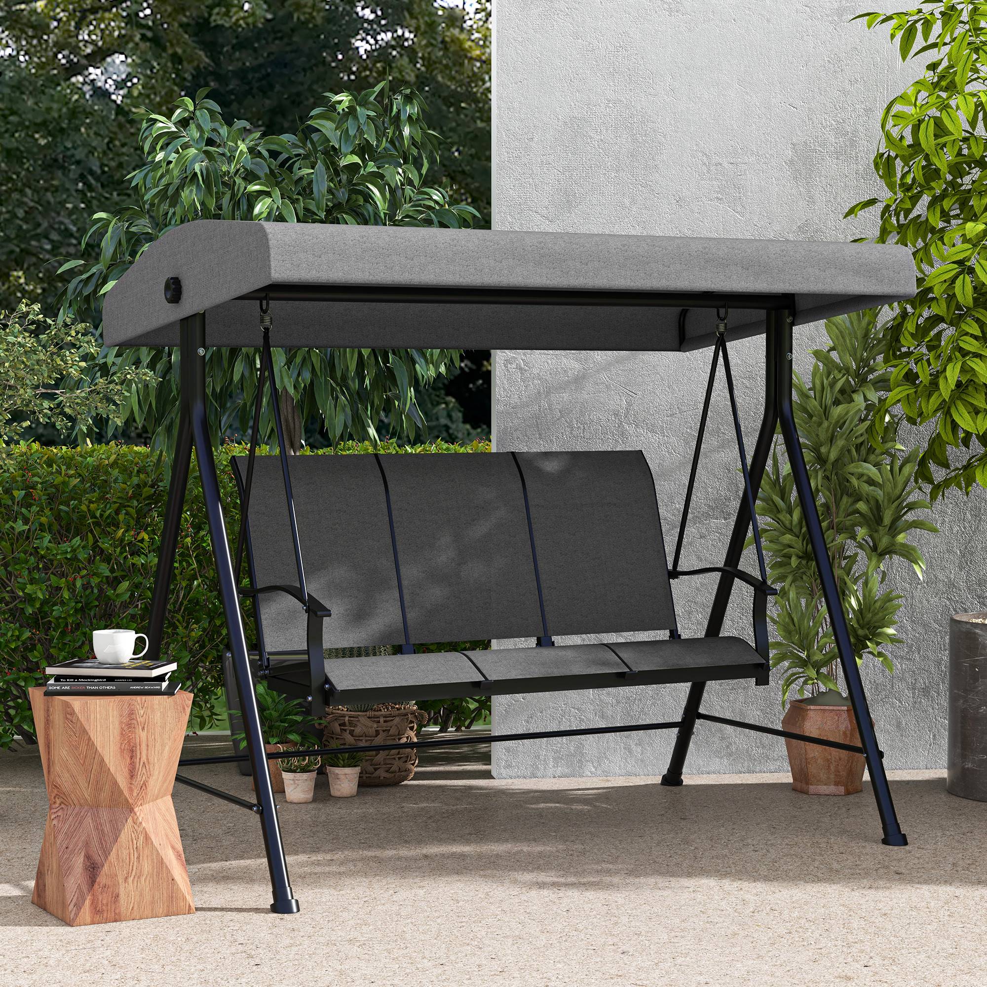 Balancelle de jardin 3 places acier extérieur toit inclinable tissu 200x133cm gris - ComfortXL Outdoor Living - Image 4