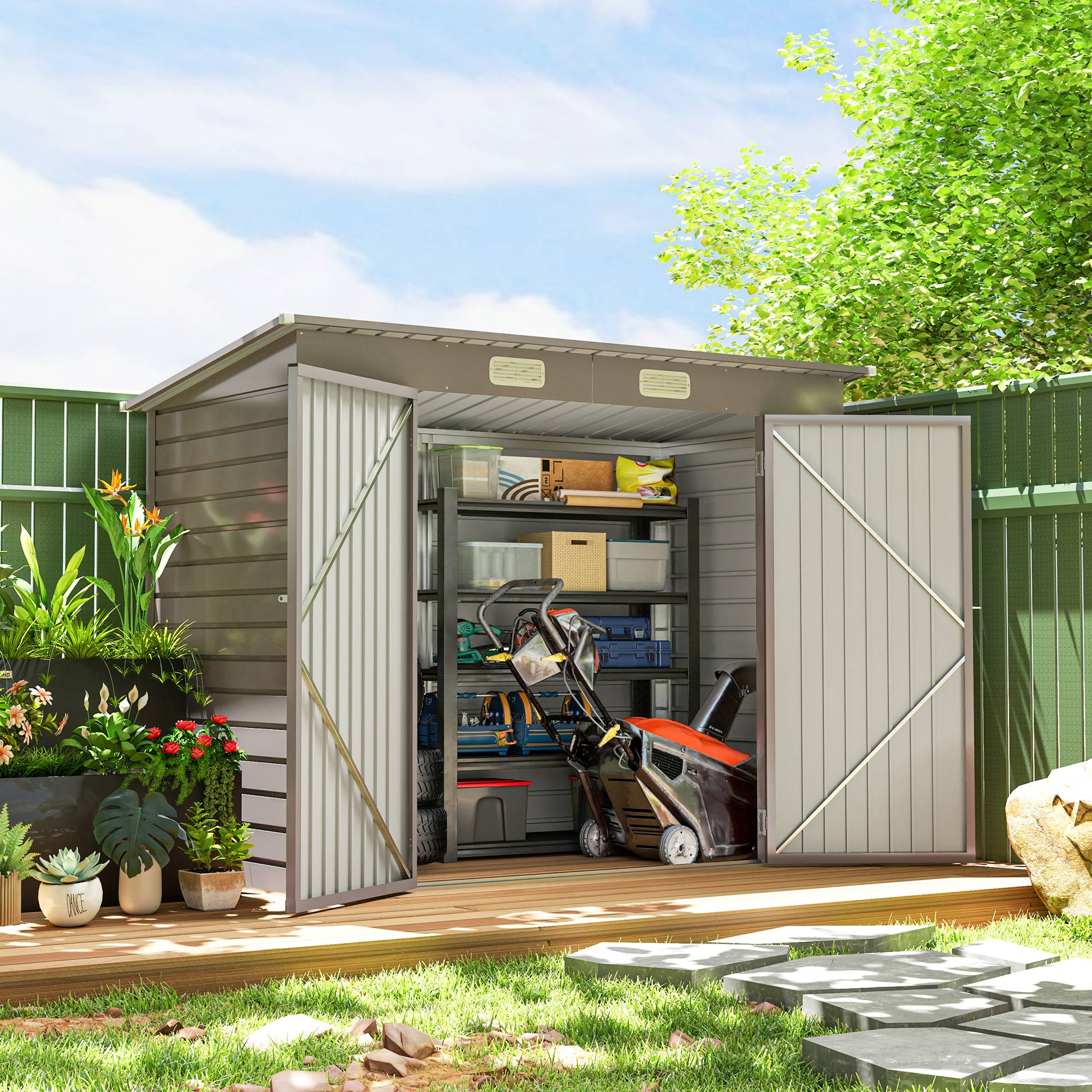 Abri de jardin acier galvanisé 3 m² facile montage structure renforcée gris clair, cabane rangement extérieur - Image 4
