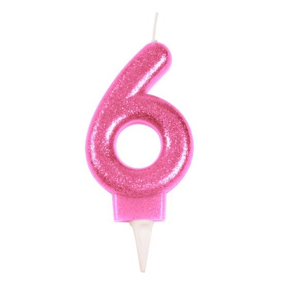 Bougie d'Anniversaire Paillette "Chiffre 6" 7cm Rose - Image 1