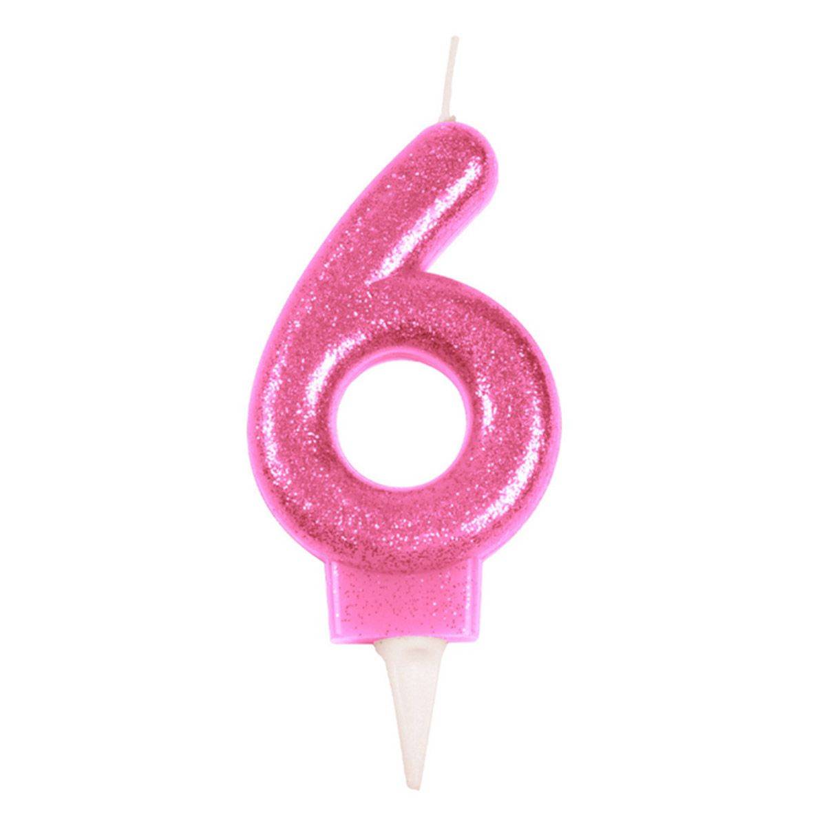 Bougie d'Anniversaire Paillette "Chiffre 6" 7cm Rose - Image 1