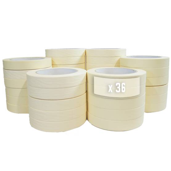Lot de 36 Rubans de masquage 25 mm x 50 m jusqu'à 80° - Adhésif de masquage jaune pour la peinture TECPLAST - Image 1