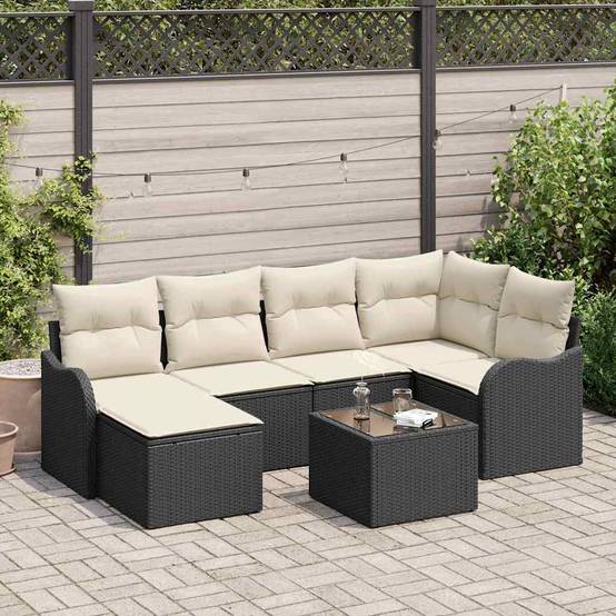 Salon de Jardin 7 Pièces en Résine Tressée avec Pouf et Table Noir – ComfortXL Outdoor Living - Image 1
