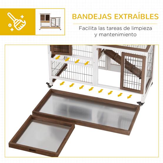 Clapier en bois à roulettes pour lapin d'intérieur, cage à deux étages avec rampe et deux plateaux amovibles, 110 x 50 x 88 cm, marron - Image 8