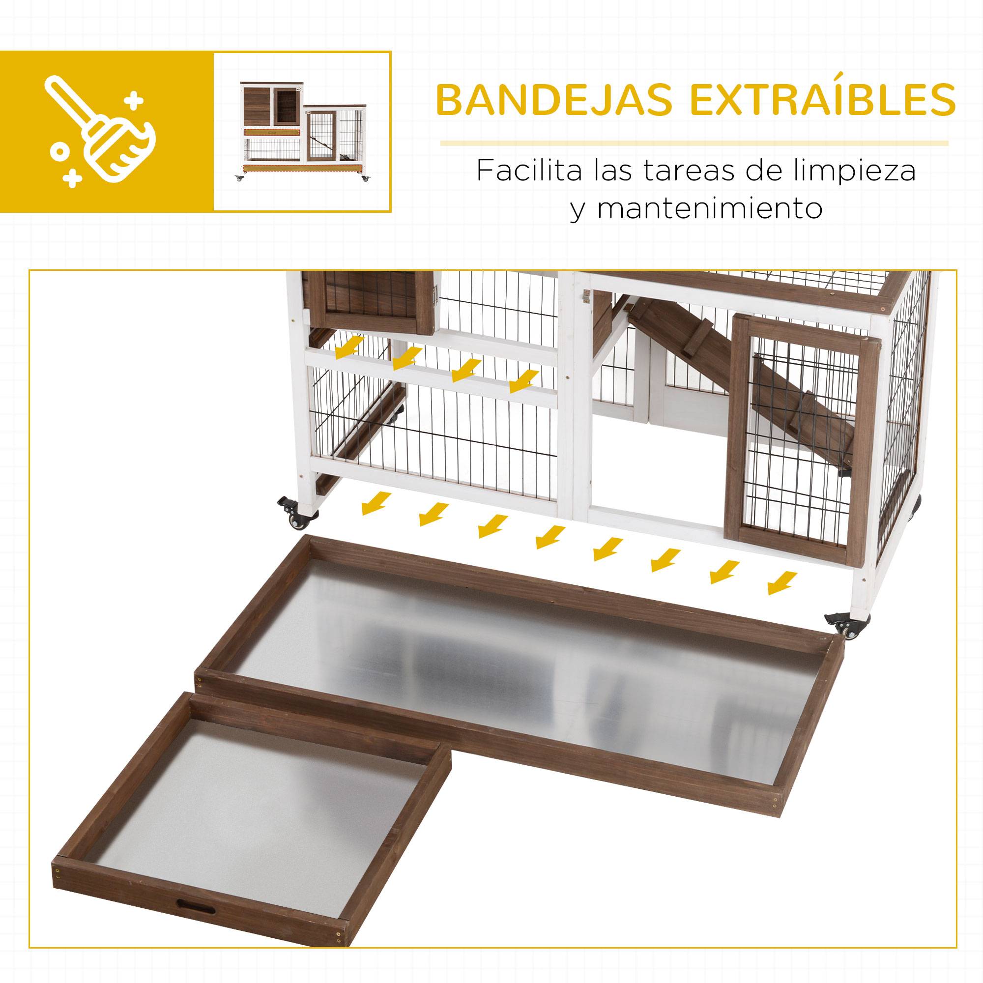 Clapier en bois à roulettes pour lapin d'intérieur, cage à deux étages avec rampe et deux plateaux amovibles, 110 x 50 x 88 cm, marron - Image 8