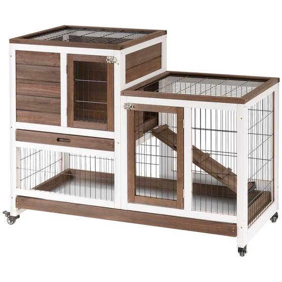 Clapier en bois à roulettes pour lapin d'intérieur, cage à deux étages avec rampe et deux plateaux amovibles, 110 x 50 x 88 cm, marron - Image 1
