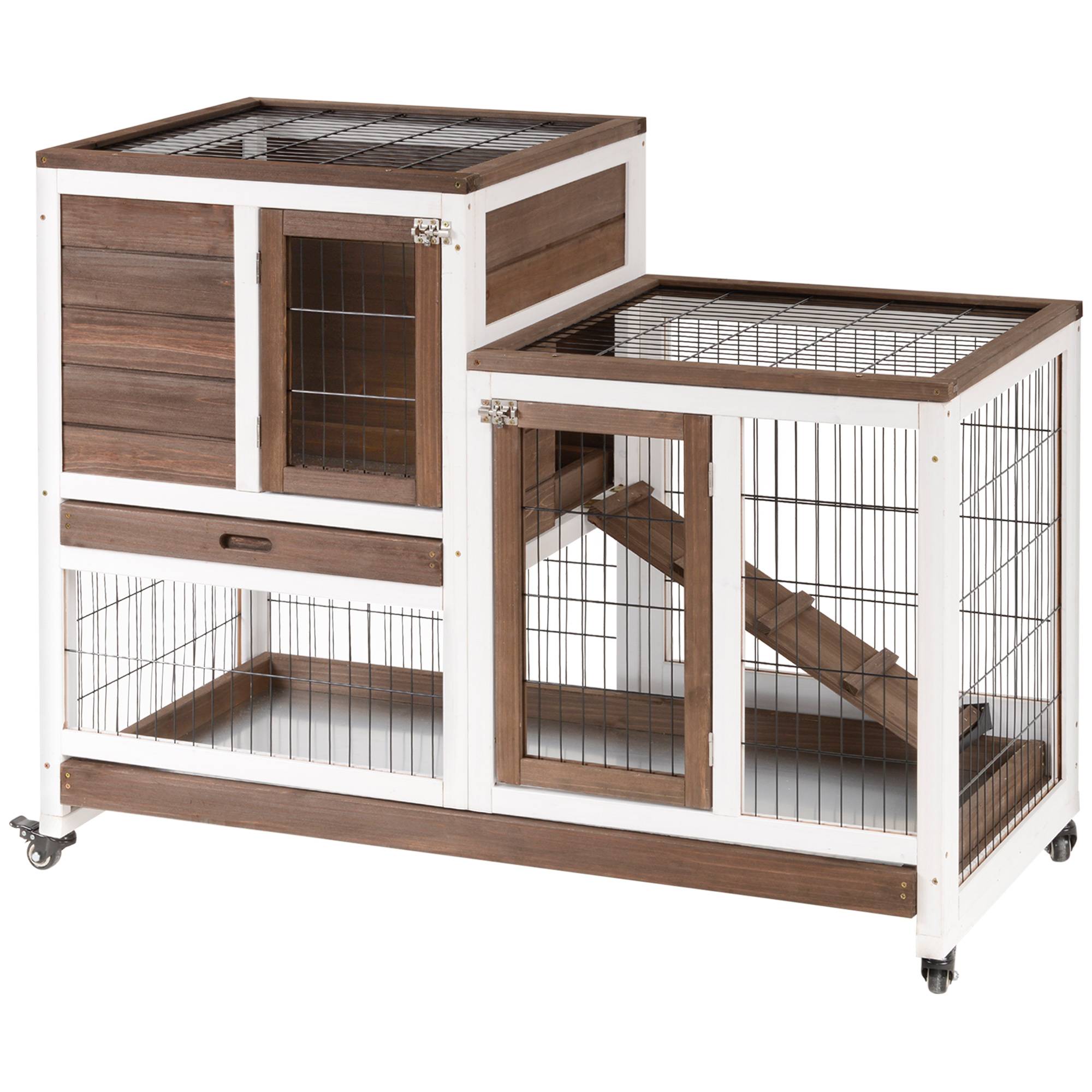 Clapier en bois à roulettes pour lapin d'intérieur, cage à deux étages avec rampe et deux plateaux amovibles, 110 x 50 x 88 cm, marron