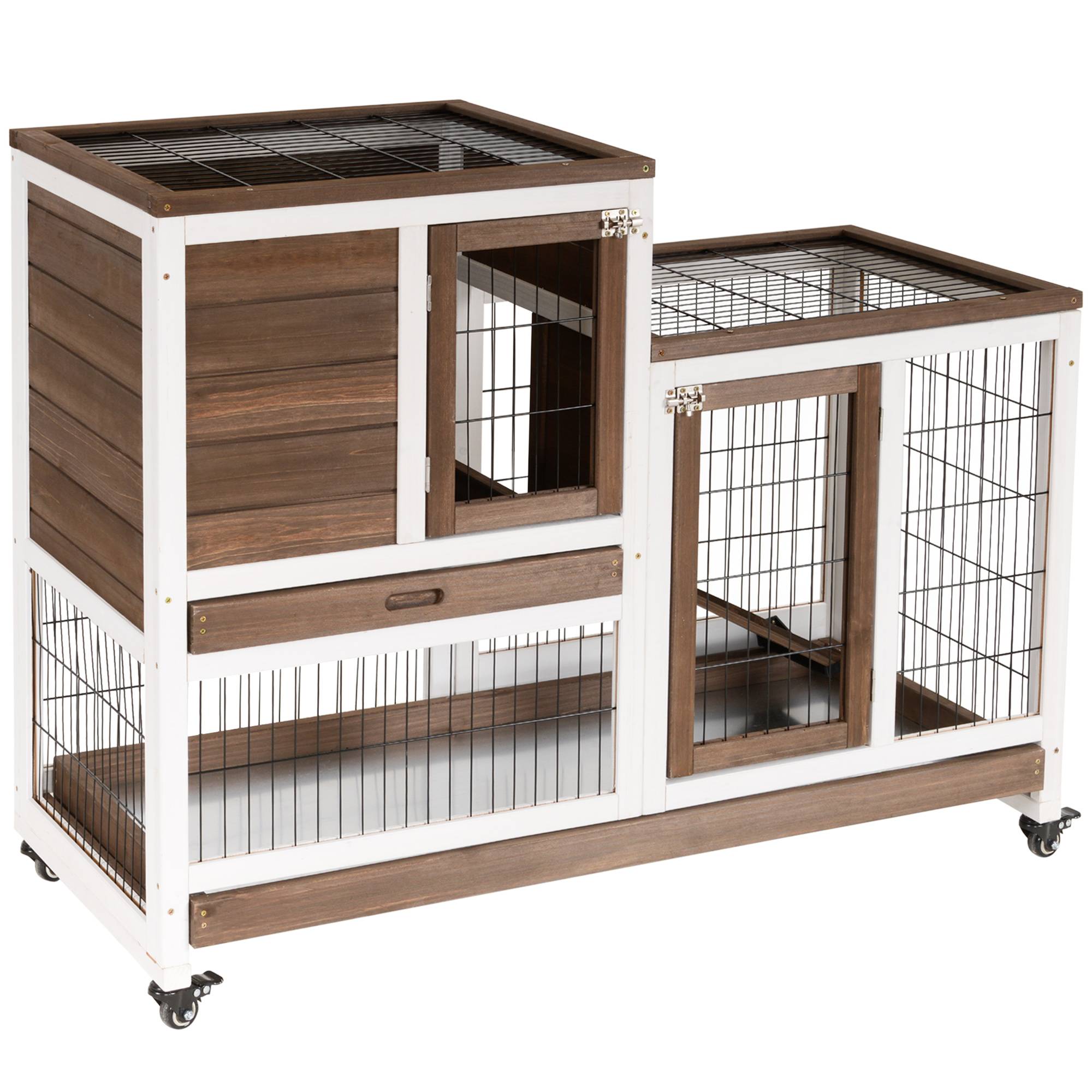 Clapier en bois à roulettes pour lapin d'intérieur, cage à deux étages avec rampe et deux plateaux amovibles, 110 x 50 x 88 cm, marron - Image 2