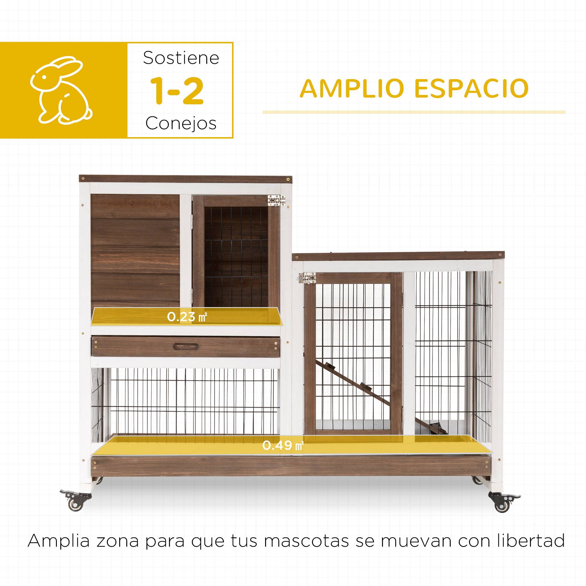 Clapier en bois à roulettes pour lapin d'intérieur, cage à deux étages avec rampe et deux plateaux amovibles, 110 x 50 x 88 cm, marron - Image 6