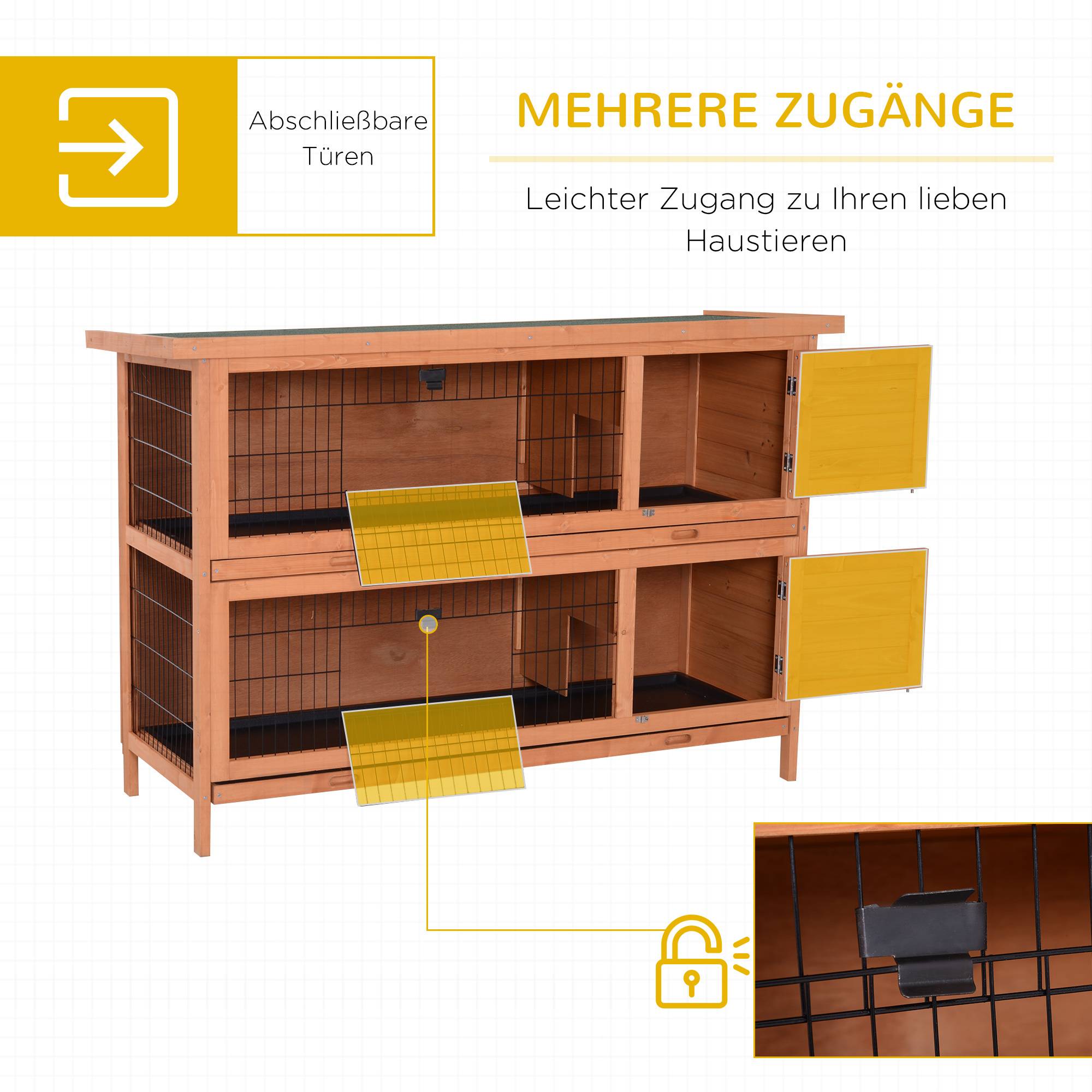 Cage lapins hiver 2 étages, bois, bac, toit bitume, portes, 136,4 x 50 x 93 cm, orange - Image 7
